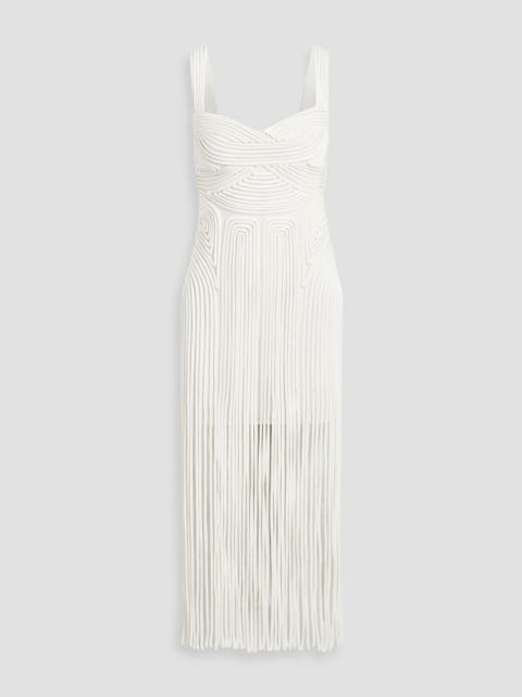 SIMKHAI Darby fringed satin and mesh midi dress