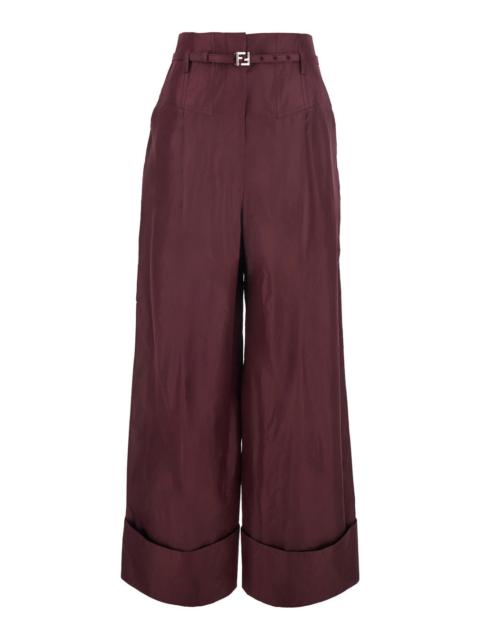 FENDI Fendi Women Bordeaux Pants With Ff Buckle Belt And Maxi Turn-Up Hem In Silk Woman