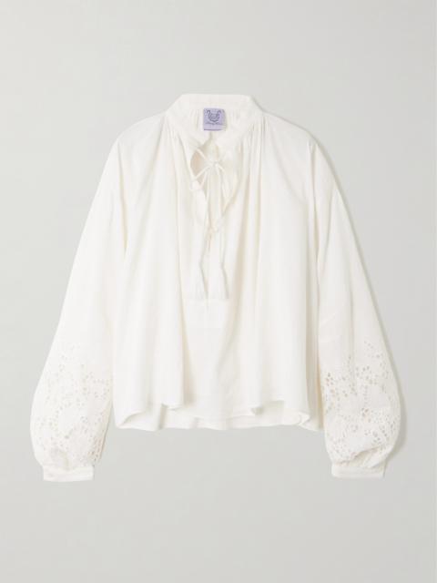 Thierry Colson Gathered Broderie Anglaise Linen And Cotton-blend Blouse