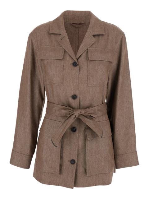 Brunello Cucinelli Brunello Cucinelli Women Brown Jacket With Notched Revers And Front Closure With Bow In Linen Blend 