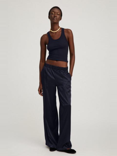 SPRWMN NAVY SILK WIDE LEG PINTUCK PANTS
