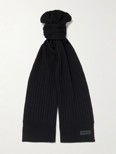GUCCI Logo-Appliquéd Ribbed Wool Scarf Black