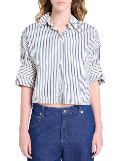TWP TWP Next Ex Stripe Crop Cotton Button-Up Shirt in Ivory/Cilantro at Nordstrom