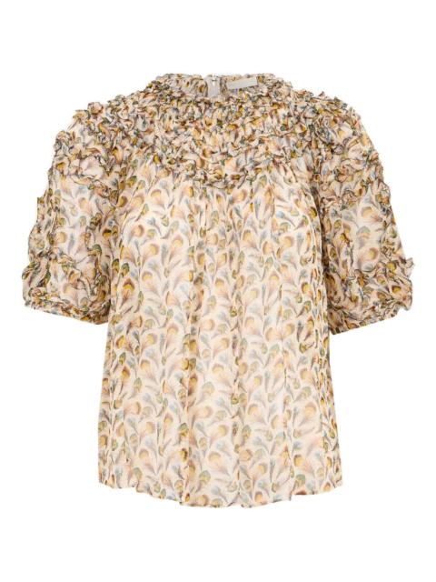 ULLA JOHNSON Isolda Silk Smocked Short Sleeve Top