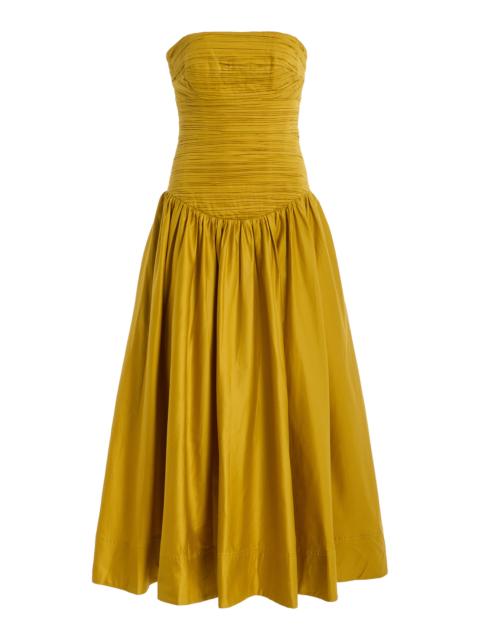 Aje. Marigold Ruched Cotton Midi Dress yellow