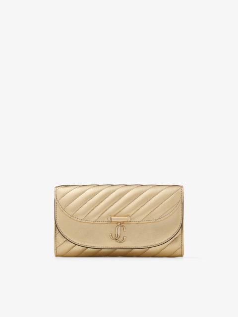 JIMMY CHOO Avenue Curve Wallet Chain
Shiny Gold Quilted Metallic Leather Clutch
