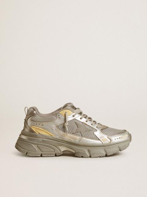 Golden Goose Men’s Lightstar in metallic leather and silver mesh with gray star