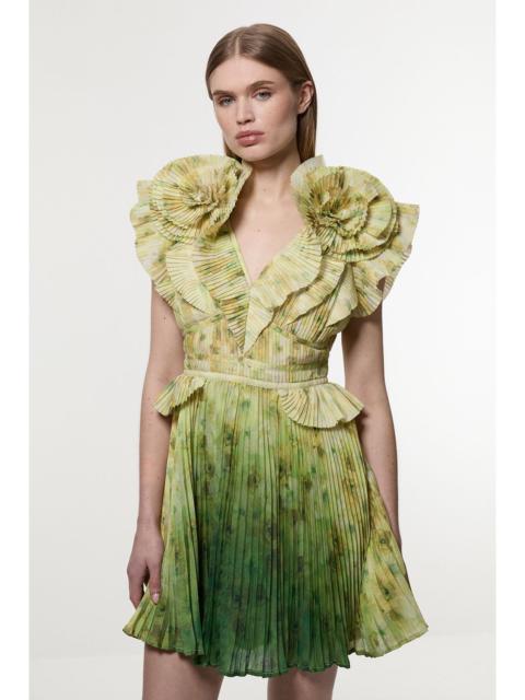 KAREN MILLEN Crinkle Pleat Border Print Mini Dress With Rosette Detail