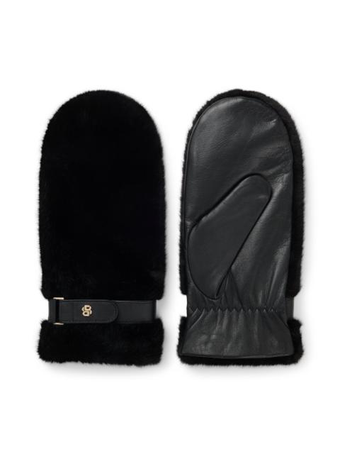 BOSS LEATHER MITTENS WITH FAUX-FUR TRIM