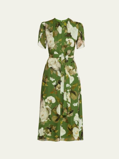 Floral Silk Short-Sleeve Belted Midi Dress