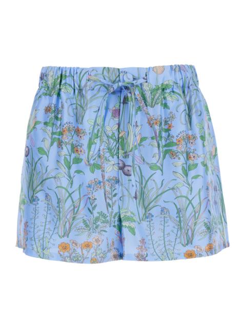 GUCCI Gucci Women Light Blue Shorts With Elasticated Waist And Drawstring And All-Over Floral Print In Sil