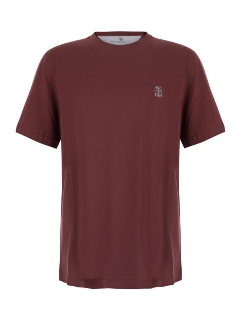 Brunello Cucinelli Brunello Cucinelli Men Burgundy T-Shirt With Printed Logo On The Chest In Cotton For Men