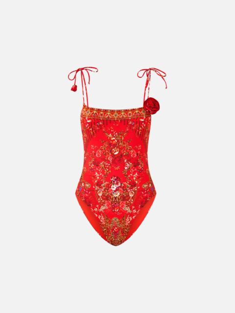 CAMILLA STRAIGHT NECK ONE PIECE WITH ROSETTE DETAIL