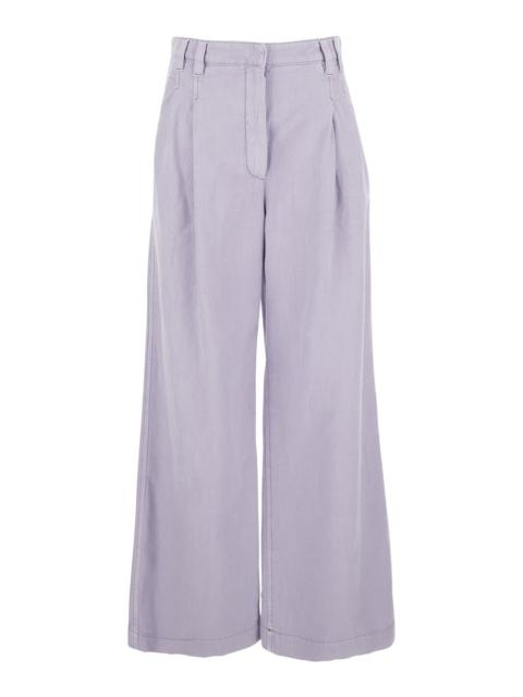 Brunello Cucinelli Women Violet Pants With Monil Detail On The Loop And Wide Leg In Cotton And Linen