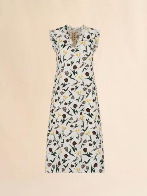 Marni CREAM ENVERS SATIN DRESS WITH TULIPS AND HARES PRINT
