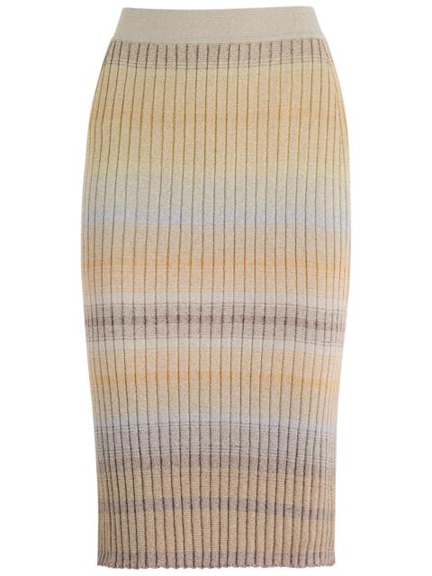 Striped metallic-weave ribbed-knit midi skirt