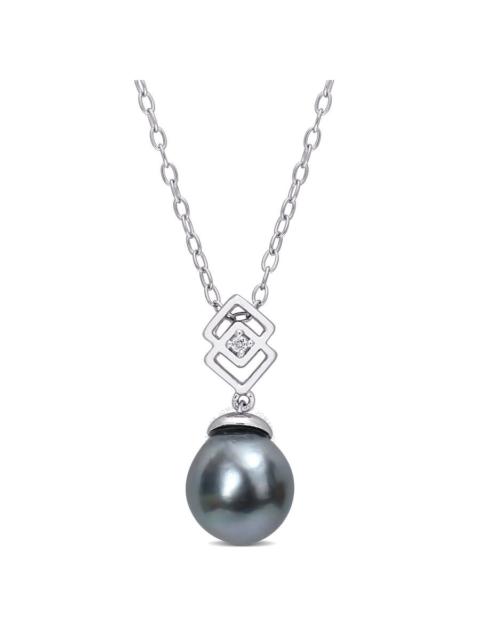 Other Designers AMOUR 8-9mm Black Tahitian Cultured Pearl and White Topaz Lozenge Drop Pendant with Chain In Sterlin
