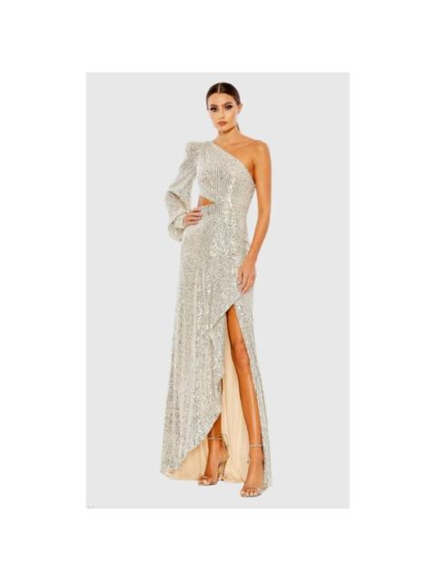 Other Designers NWT IEENA MAC DUGGAL 26730 Silver Sequined One Shoulder Cut Out Gown Silver Sz 6
