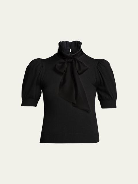 Alice + Olivia Chase Puff-Sleeve Ruffle-Neck Sweater