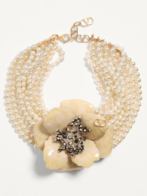 Valentino FLEUR LUMINEUSE NECKLACE IN METAL, ENAMEL, PEARLS AND FABRIC
