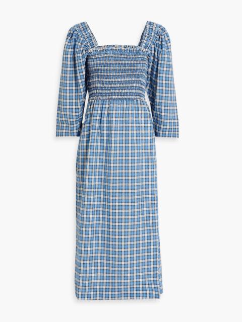 GANNI Shirred checked cotton-blend seersucker midi dress
