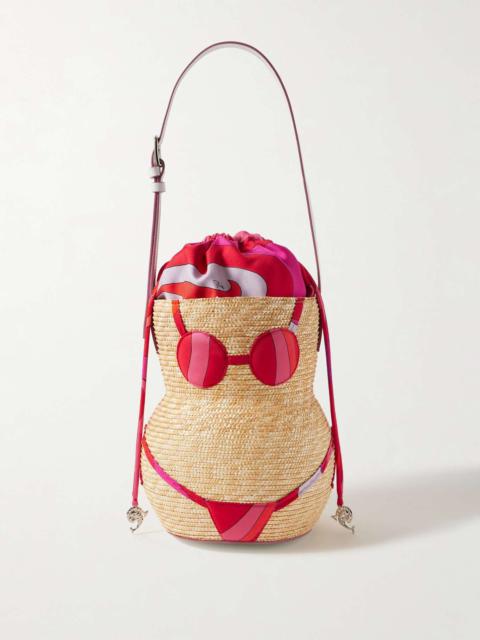 Puccinella leather-trimmed raffia and printed satin-twill tote Beige