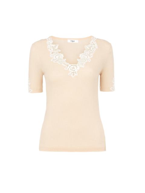 Chloé FITTED SHORT-SLEEVE TOP IN GUIPURE LACE WOOL KNIT