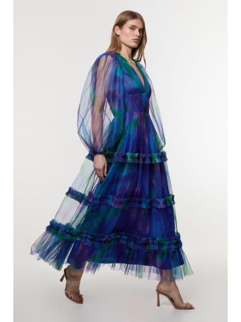 KAREN MILLEN Dark Floral Tulle Plunge Balloon Sleeve Maxi Dress