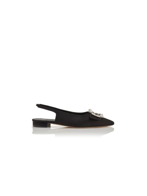 Manolo Blahnik Black Satin Crystal Buckle Slingback Flat Pumps