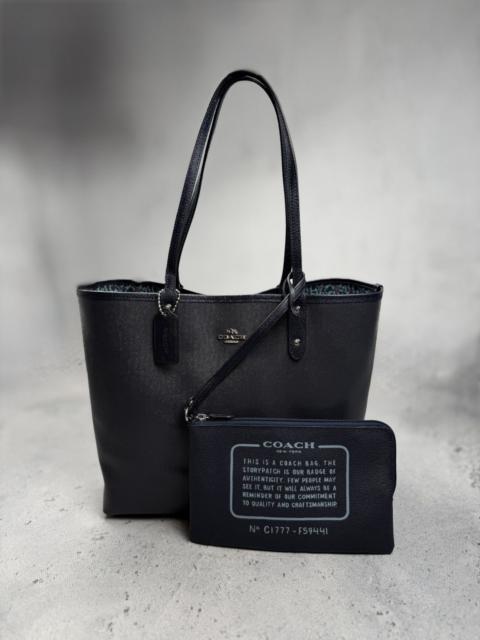 COACH Coach Reversible Navy Print City Tote Bag Leather Pouch y2k
