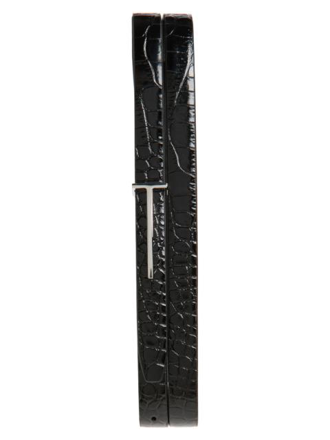 TOM FORD TOM FORD Croc Embossed Patent Leather Skinny Belt in 1N001 Black at Nordstrom