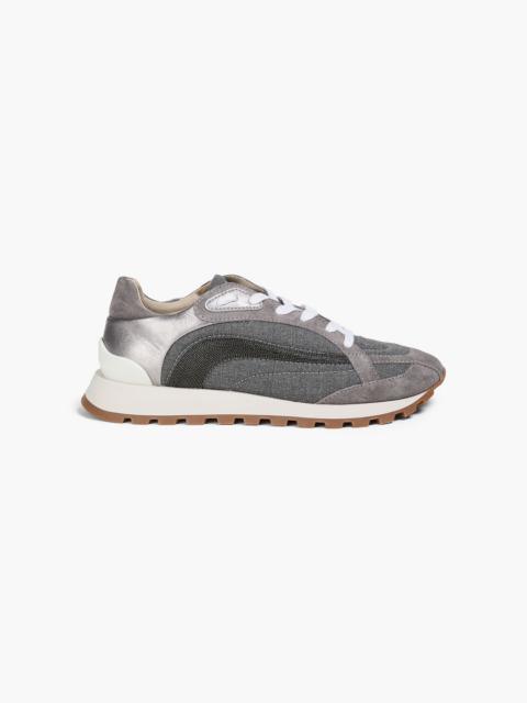 Brunello Cucinelli Bead-embellished metallic leather, suede and wool sneakers