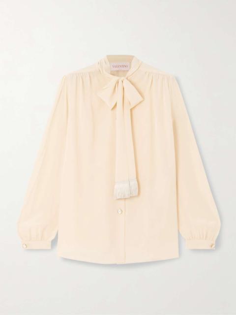 Fringed pussy-bow silk-chiffon shirt Peach