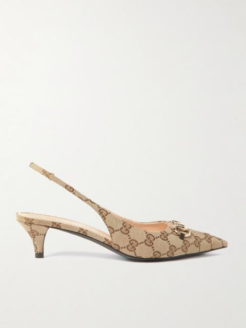 GUCCI Erin horsebit-embellished canvas-jacquard slingback pumps Beige