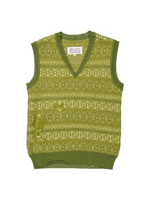 Maison Margiela Green Distressed Fair Isle Knitted Sweater Vest