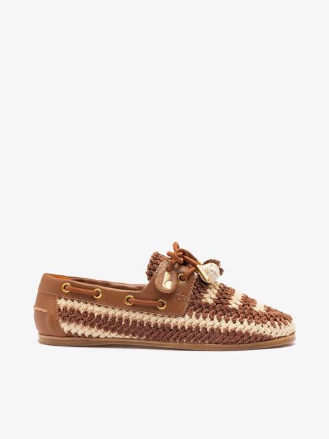 Larroudé Cyprus Crochet Boat Shoe In Caramel and Ivory Crochet and Caramel Leather