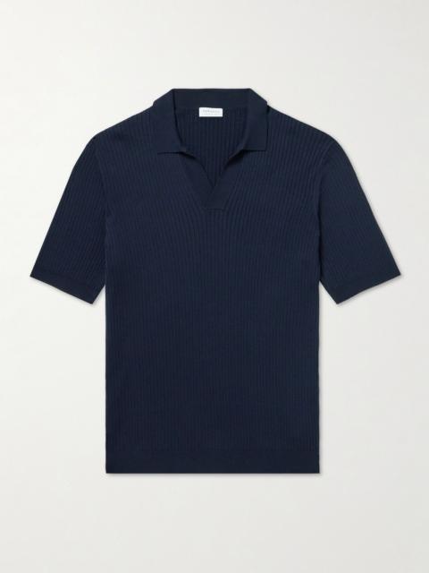 Sunspel Ribbed Mulberry Silk and Organic Cotton-Blend Polo Shirt Navy
