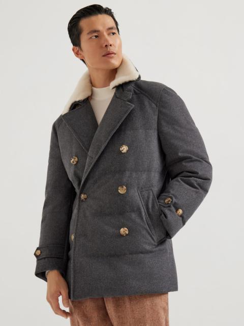 Brunello Cucinelli Bonded wool flannel one-and-a-half breasted down jacket with detachable shearling collar