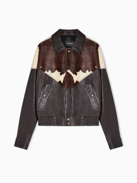 EMPORIO ARMANI BLOUSON JACKET IN WASHED, VEGETABLE-TANNED NAPPA LEATHER WITH A PONYSKIN-EFFECT INSERT