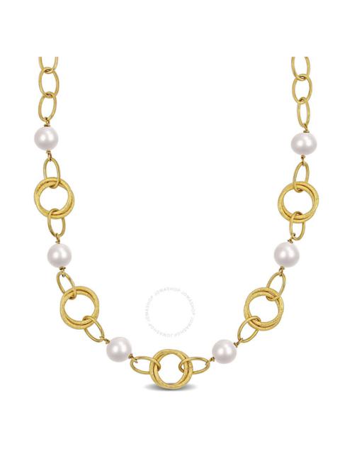 Other Designers AMOUR 9-10mm Cultured Freshwater Pearl and Circle Rings Station Necklace In Yellow Plated Sterling S