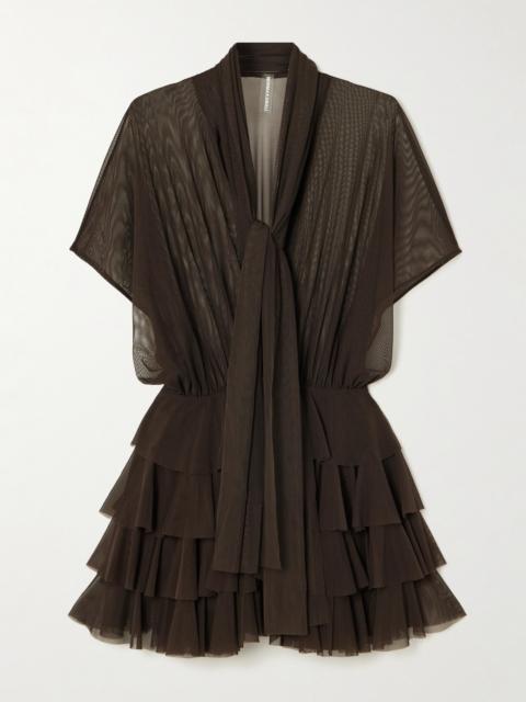 NORMA KAMALI Lauren Tie-neck Ruffled Stretch-mesh Mini Dress