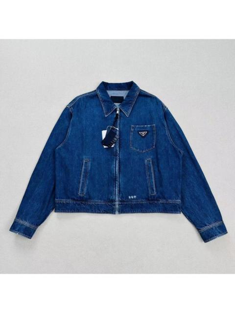 Prada Prada distressed denim jacket with triangular steel logo