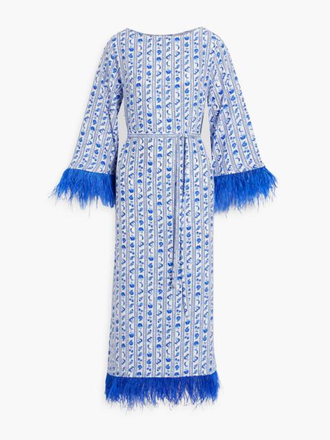 Other Designers Andrea feather-trimmed printed silk-satin midi dress