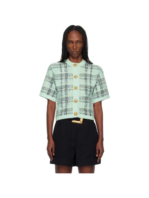 Balmain Green Buttoned Shiny Light Tweed Cardigan