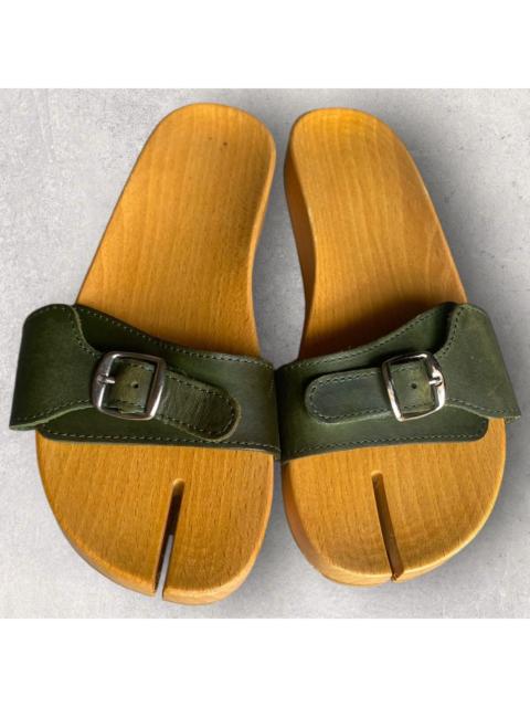 Maison Margiela SS05 MM6 wood tabi clogs with green leather straps