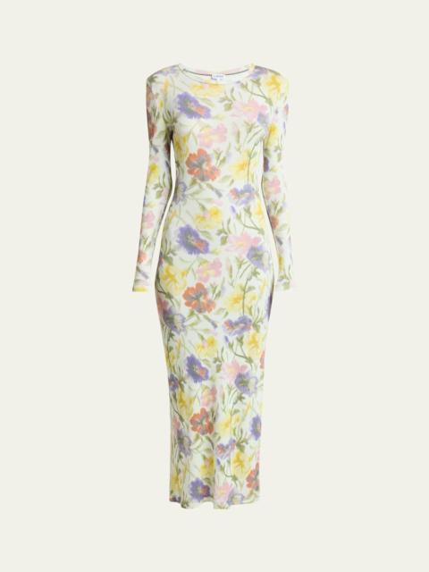 Loewe Floral Printed Mesh Tube Long Sleeve Midi Dress