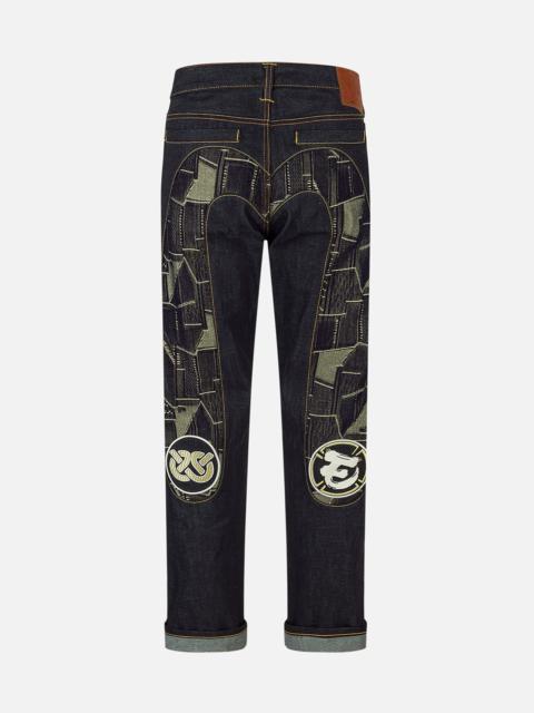 EVISU Patchwork Daicock Insert and Wheel Of Wisdom Embroidery Carrot Fit Jeans #2017