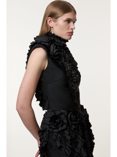 KAREN MILLEN Figure Form Bandage Knit Woven Rosette Detail Top