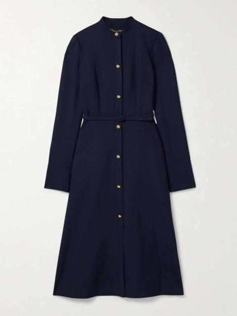 Belted wool-blend midi dress Navy