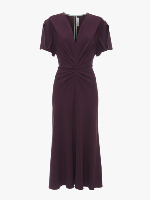 Victoria Beckham Gathered V-Neck Midi Dress In Fig